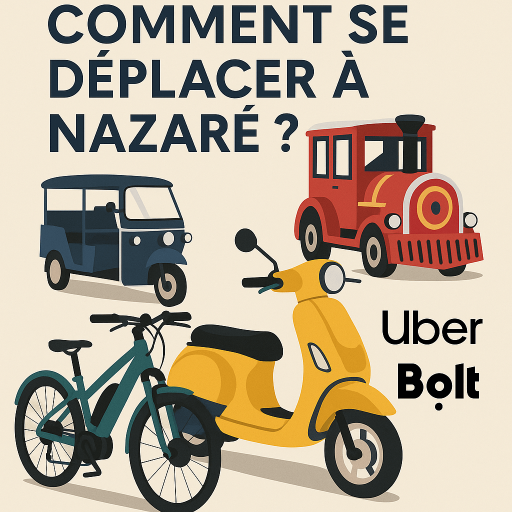 Illustration des moyens de transport à Nazaré : vélo électrique, scooter, tuk-tuk, petit train, Uber et Bolt