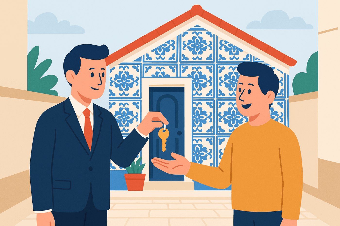 Illustration d’un vendeur remettant les clés à l’acheteur devant une maison typique de Nazaré avec azulejos