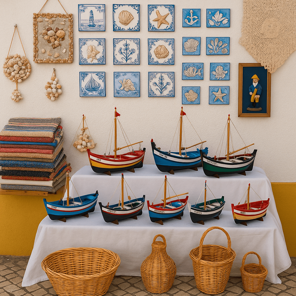 Artisanat à Nazaré : maquettes de bateaux, azulejos, paniers en osier et textiles traditionnels