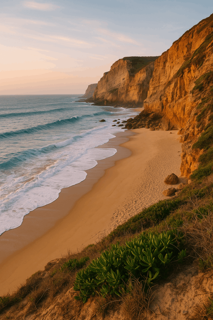 Plage secrète près de Nazaré, Portugal, entourée de falaises dorées