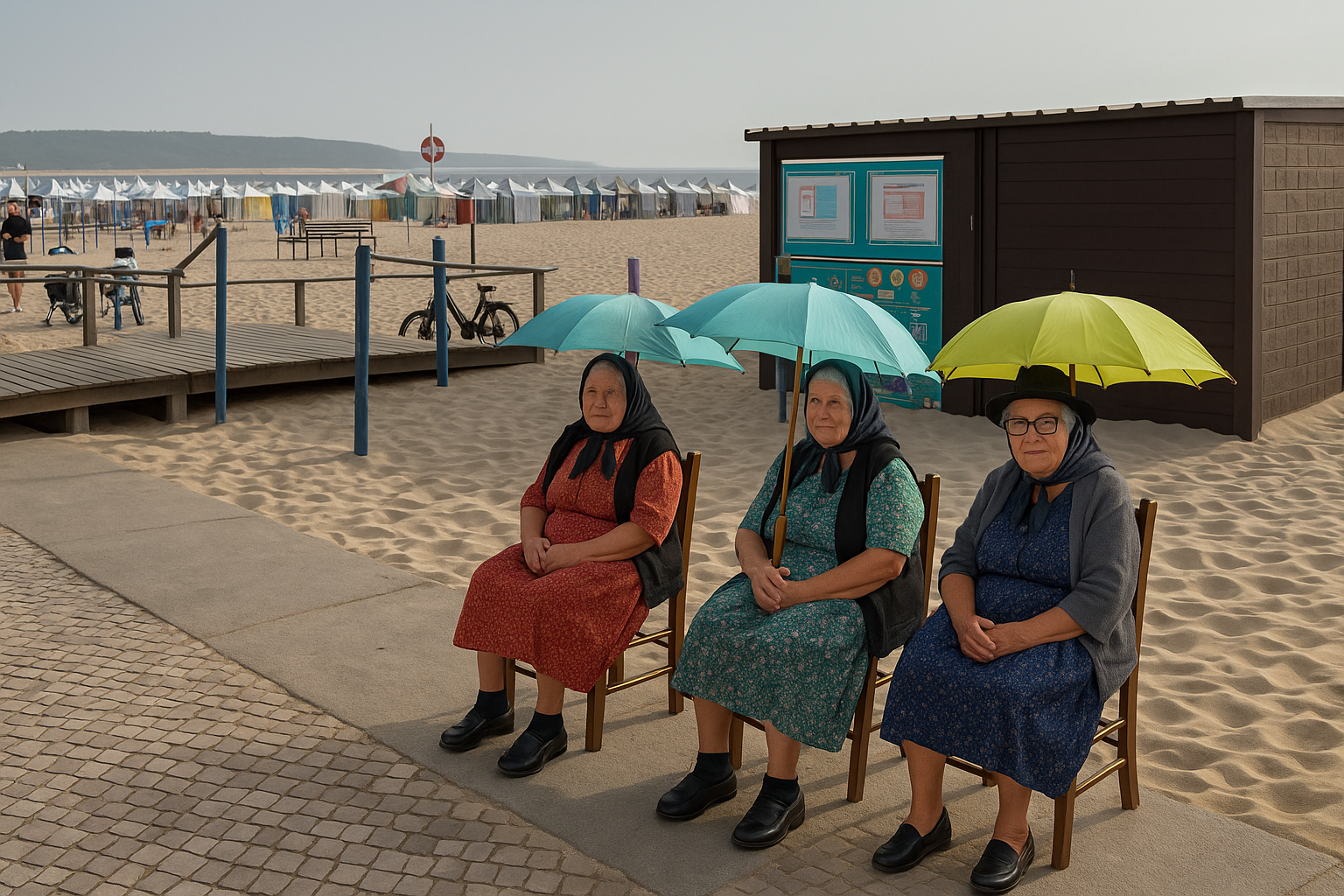 Tentes colorées sur la plage de Nazaré avec une vieille dame en tenue traditionnelle