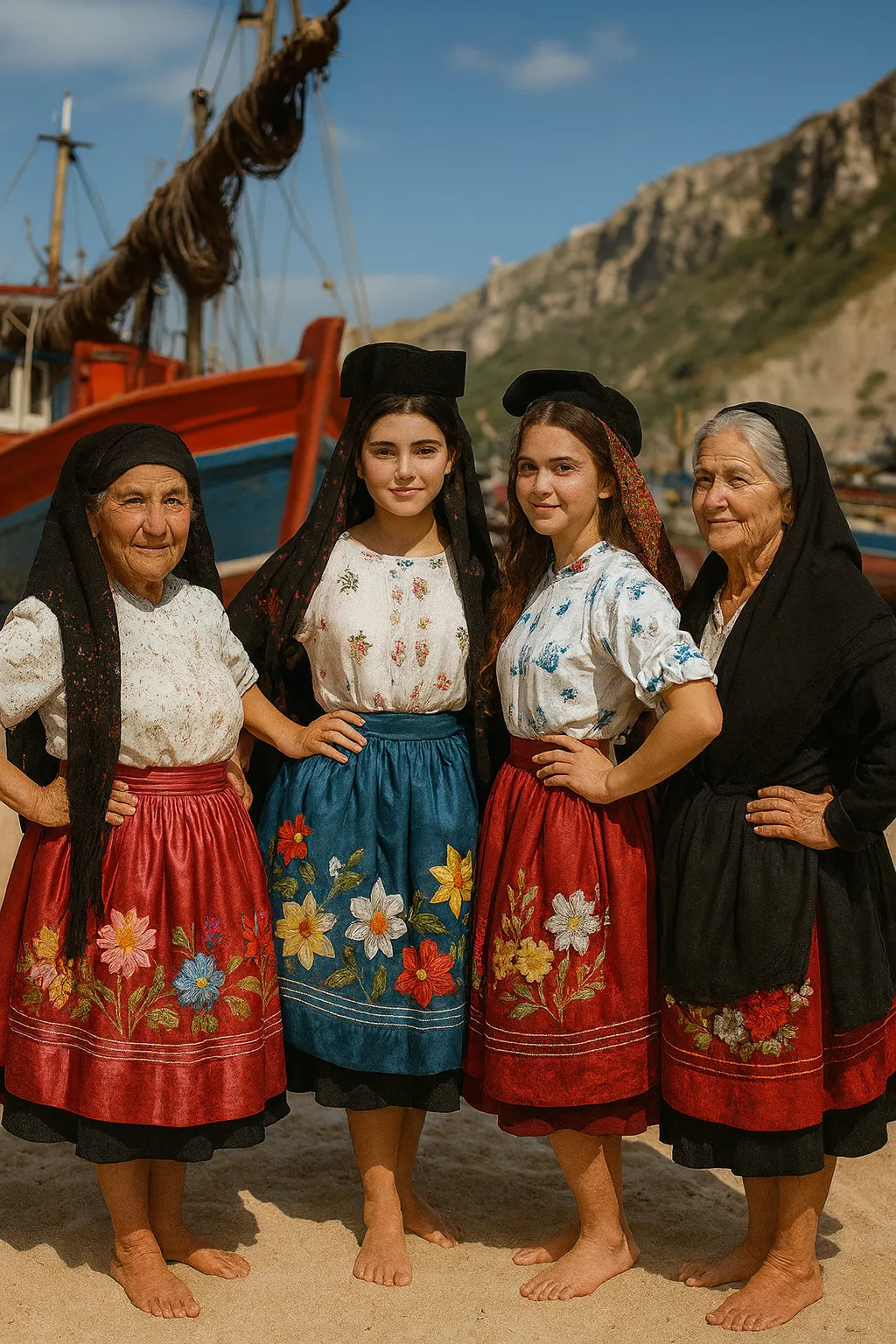 Femmes portugaises de tous âges en costume traditionnel des 7 jupons à Nazaré
