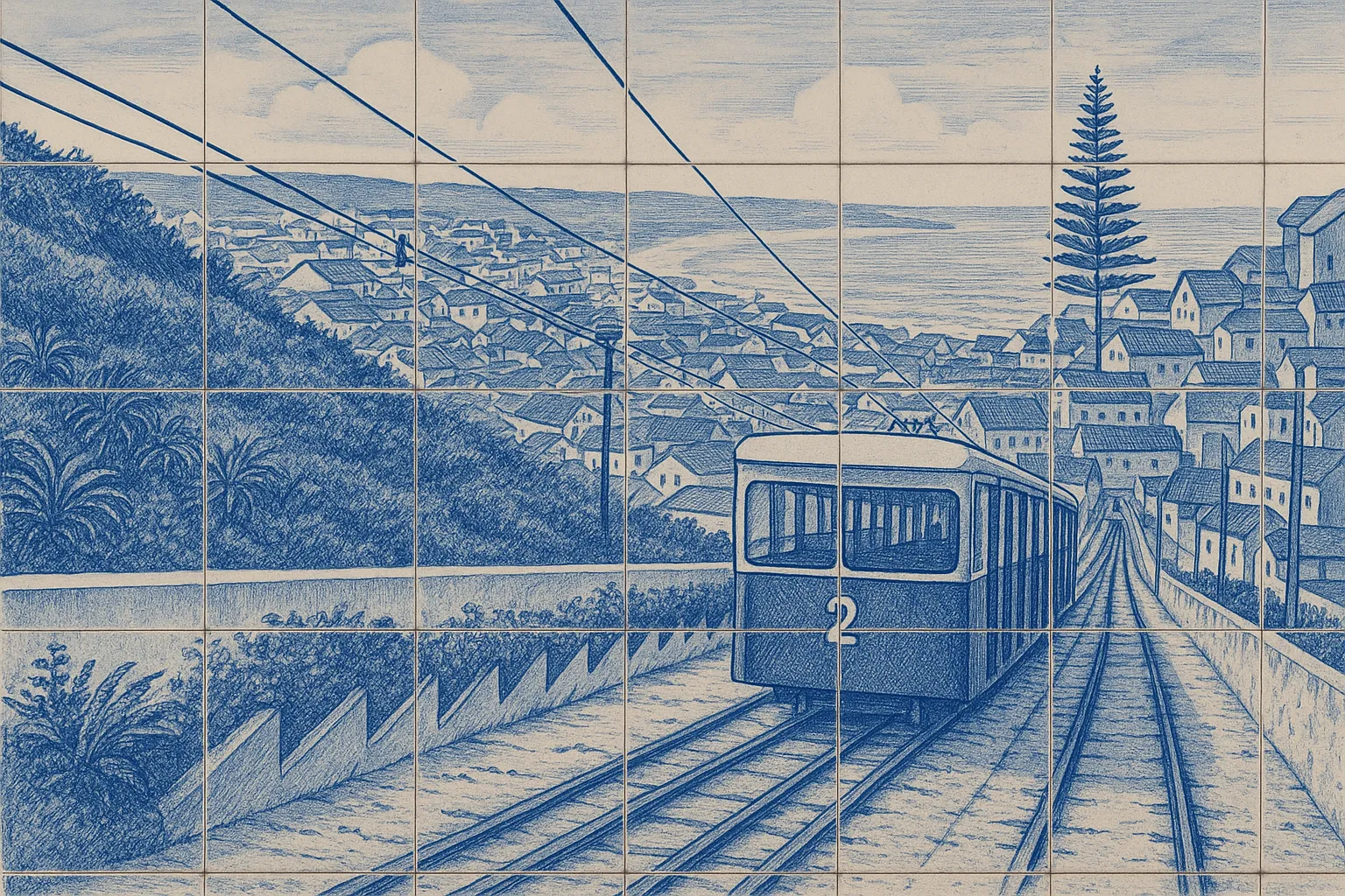 Illustration du funiculaire de Nazaré en style azulejos portugais