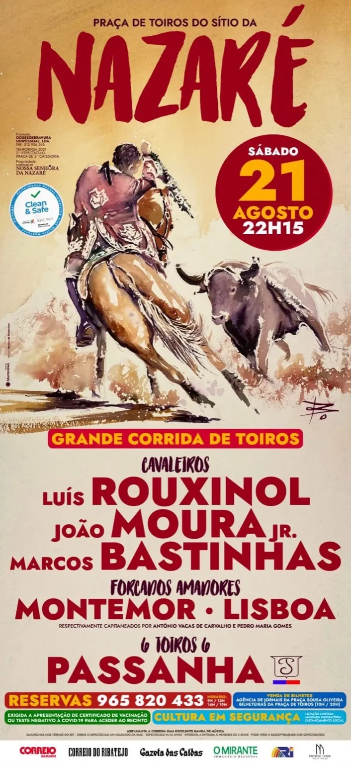 Affiche de la grande corrida à l’Arena de Sítio à Nazaré avec les cavaleiros et forcados