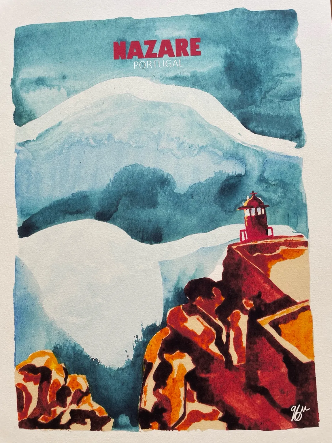 phare et fort sao Miguel de nazare, œuvre peinte par Jessica Freire 