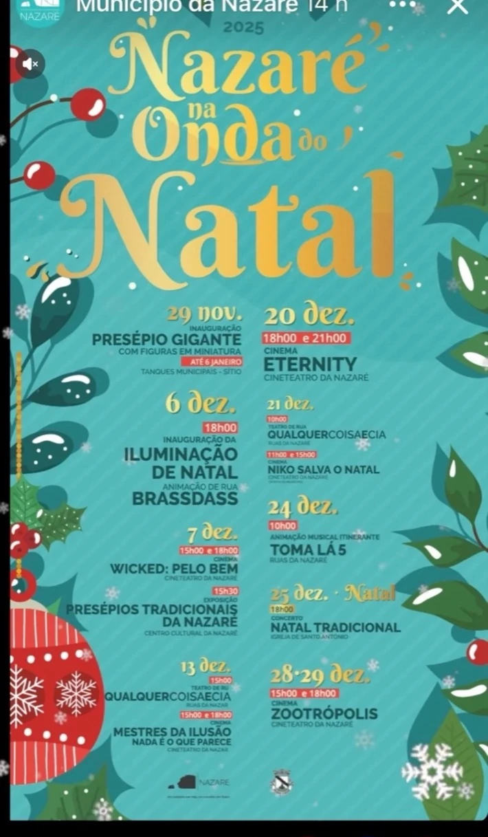Affiche officielle Nazaré na Onda do Natal 2025 présentant le programme des animations de Noël à Nazaré